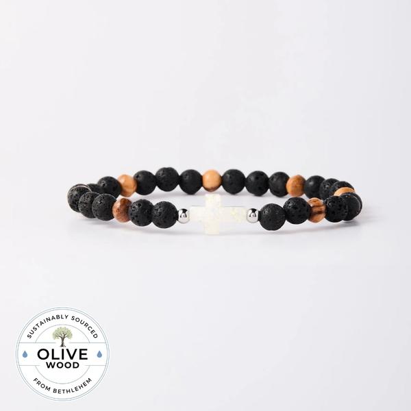 Holy Water Men's Cross Bracelet Olive Wood and Lava Beads
