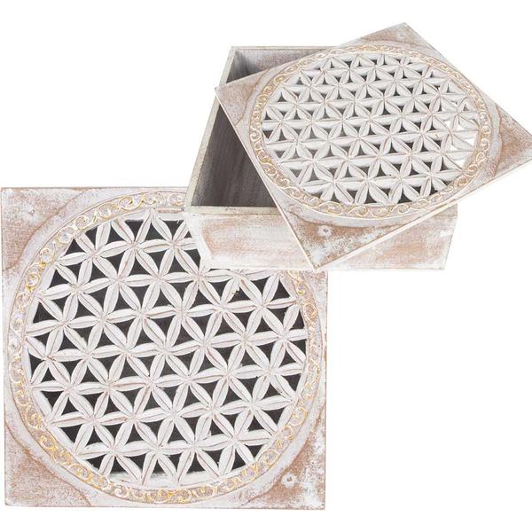 Flower of Life White Washed Carved Wooden Box