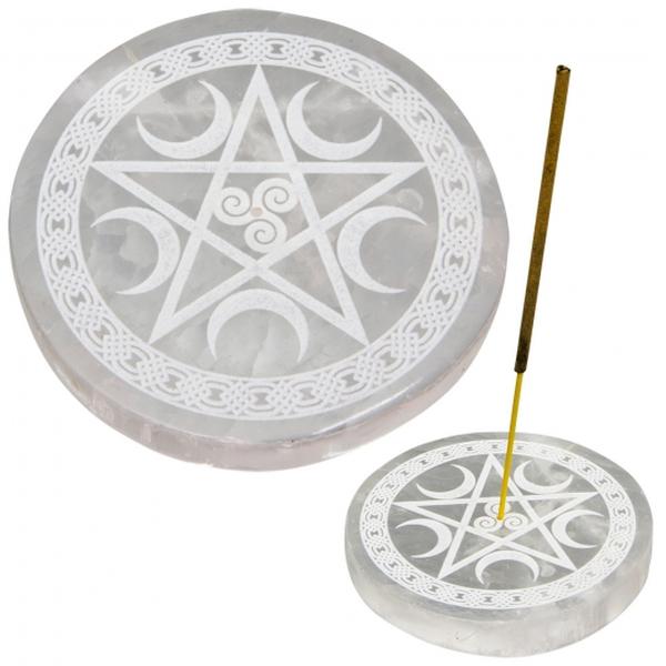 Selenite Round Incense Holder w/ Pentacle