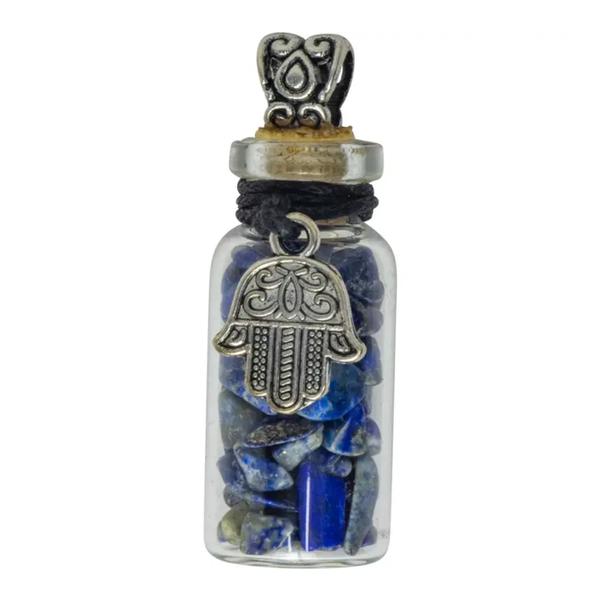 Gemstone Chip Bottle Necklace Lapis with Fatima Hand
