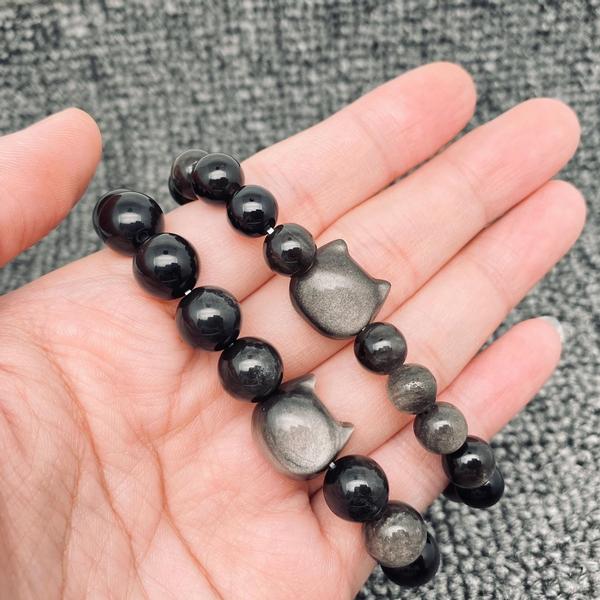 BMQ-OBSC16 Silver Obsidian Bracelet with Cat Head Bead