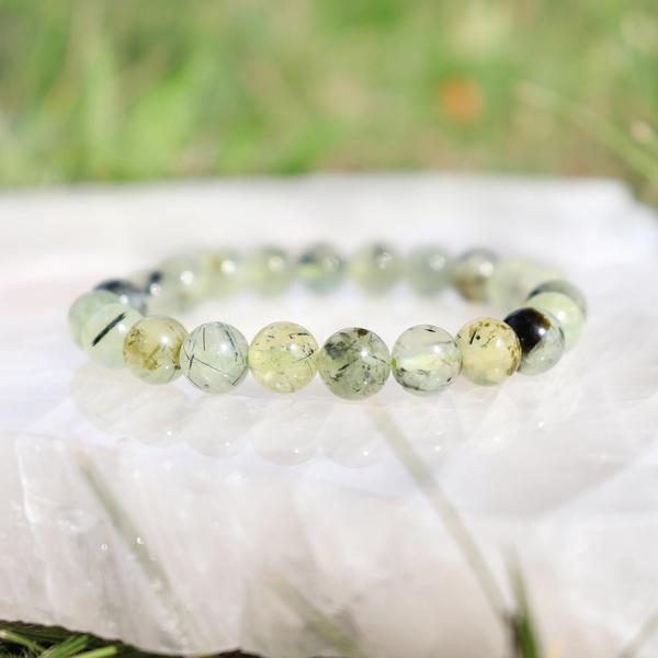 Epidote in Prehnite with Black Tourmaline Beaded Bracelet