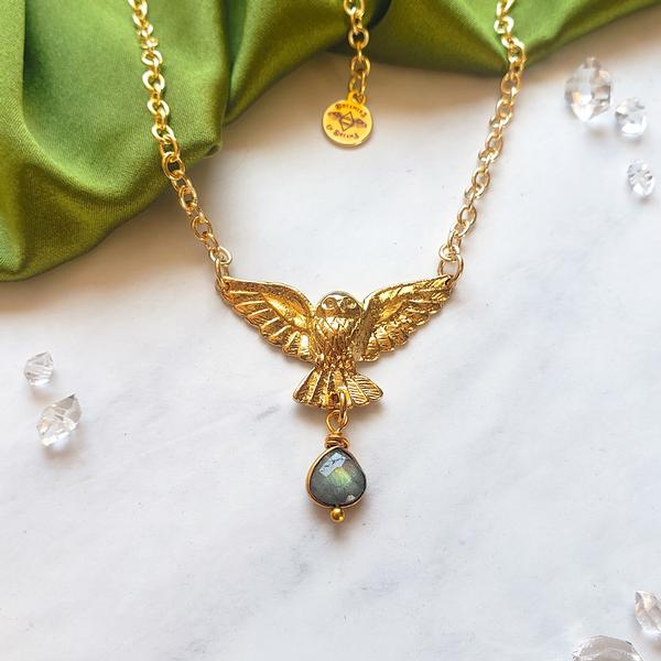 Golden Owl of Intuition Necklace with Labradorite