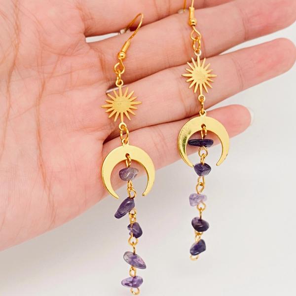 Amethyst Moon & Star Gold Dangle Earrings