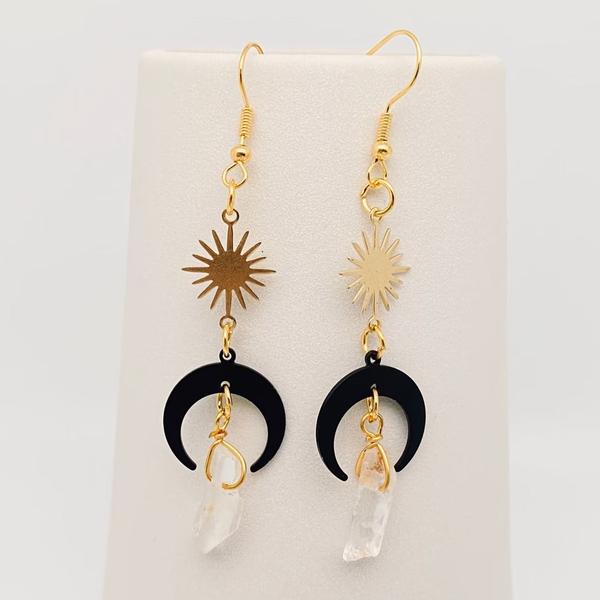 Black Moon and Clear Quartz Earrings