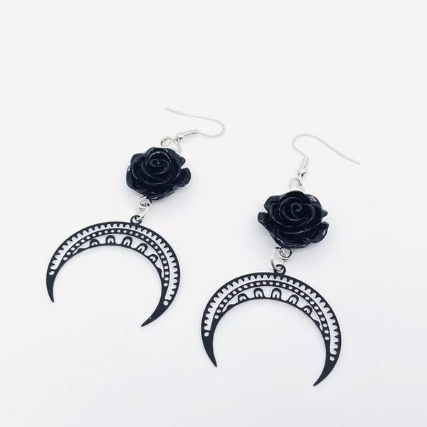 Black Rose with Crescent Moon Earrings