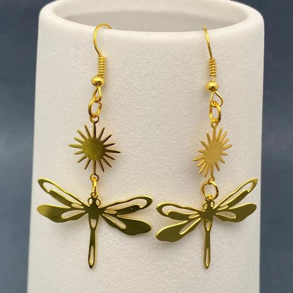 Golden Star Dragonfly Dangle Earrings