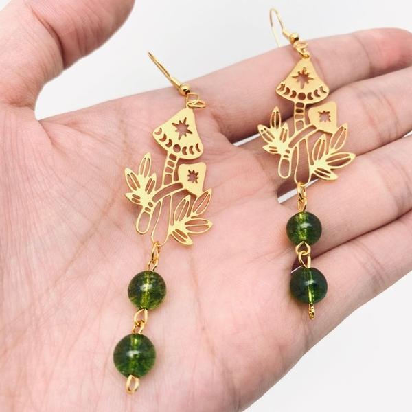 Gold Mushroom w/ Green Bead Earrings