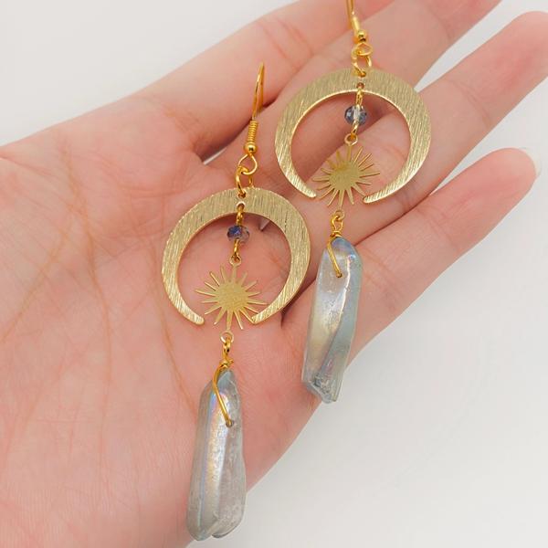 Moon & Starburst Earrings with Gray Treated Quartz