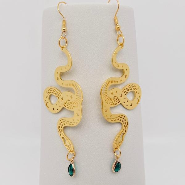 Snake Earrings with Green Gem