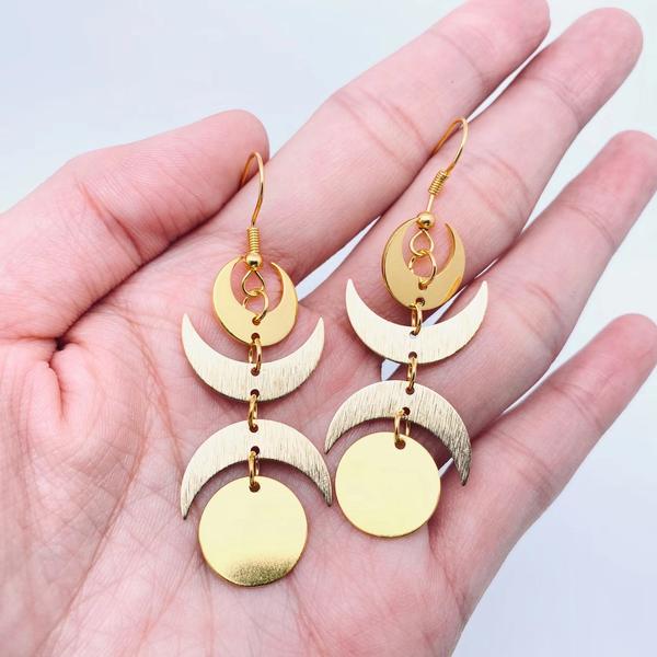 Golden Triple Moon Earrings