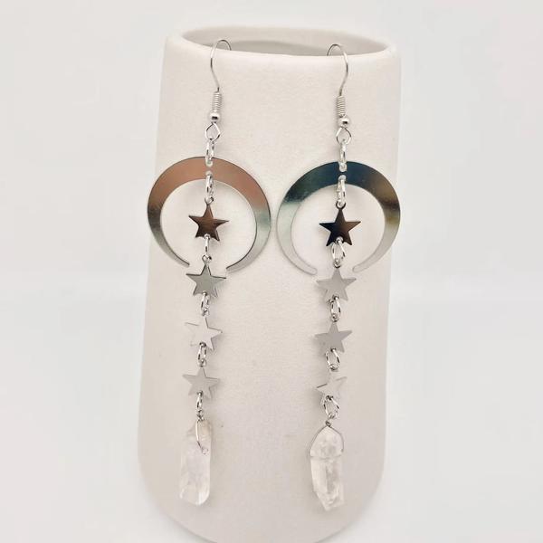 Silver Moon Star Earrings with Crystal