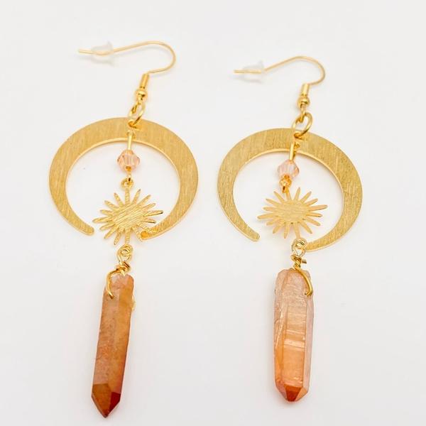 Moon and Stars with Sunset Aura Quartz Earrings