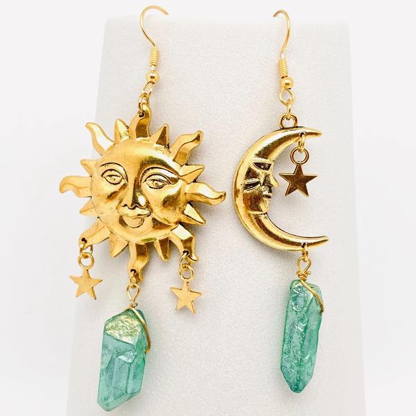 Sun and Moon Earrings with Green Stone