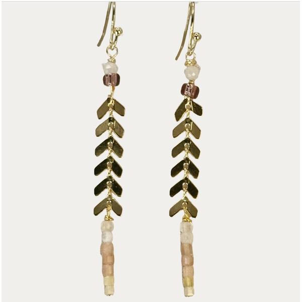 Gold Arrow Chain Earrings with Sunstone