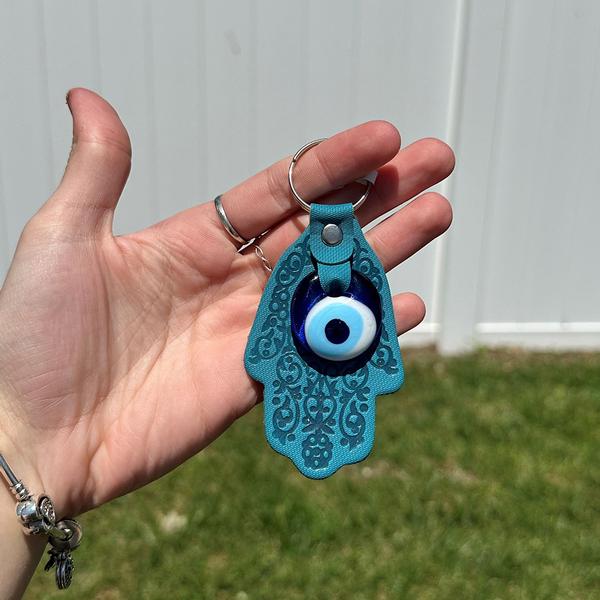 Turquoise Leather Hamsa Keychain with Evil Eye