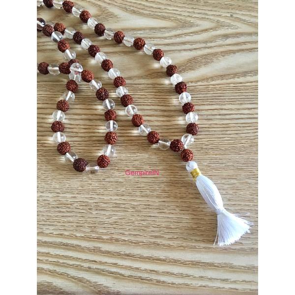 Rudraksha and Clear Quartz Mala