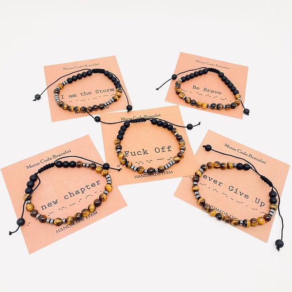 Morse Code Tiger's Eye Stretch Bracelet