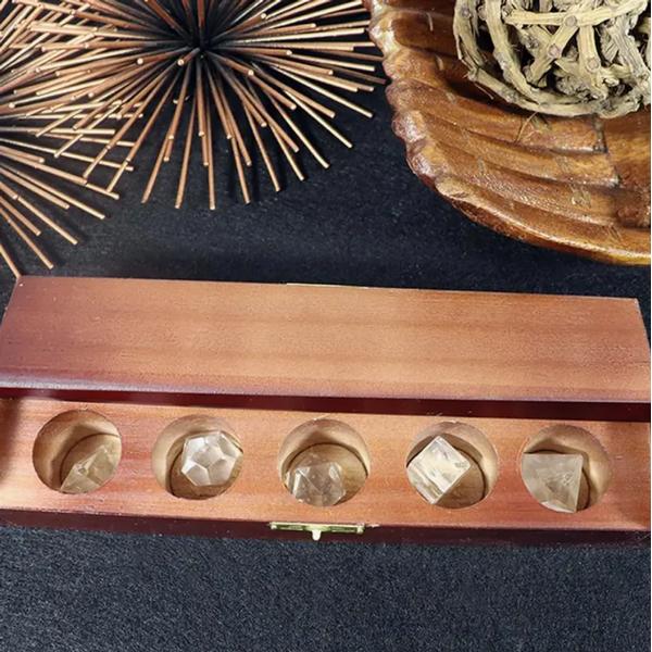 Clear Quartz Platonic Solids in Wooden Box