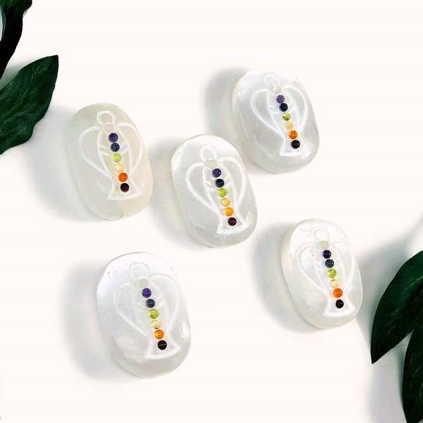 Selenite Palm Stone with Angel & Chakra Stones