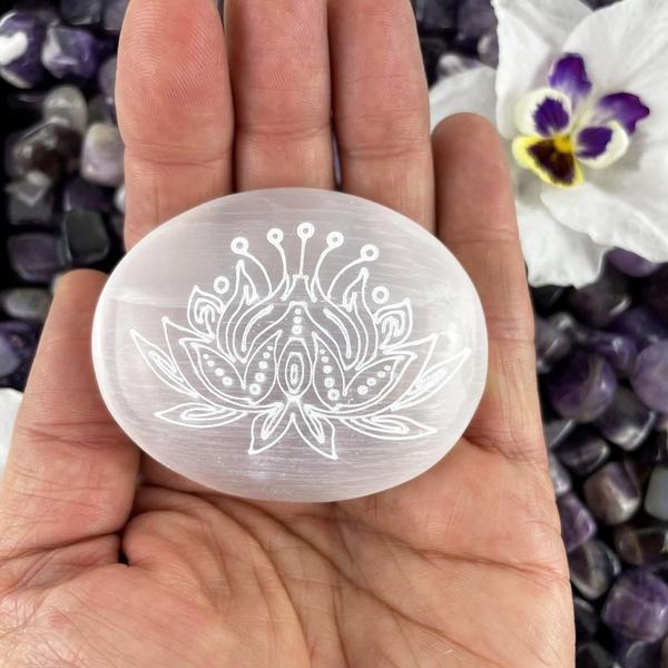 Lotus Engraved Selenite Palm Stone