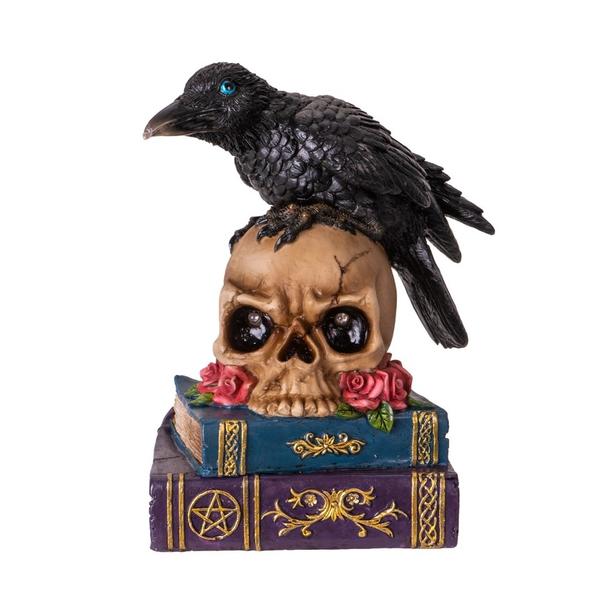 Raven on Skull and Books Light Up Statue