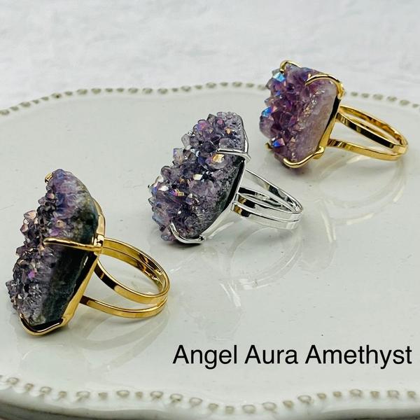 Aura Amethyst Cluster Adjustable Ring