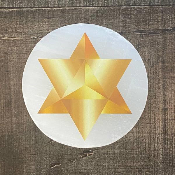 Selenite Disc with Gold Merkaba