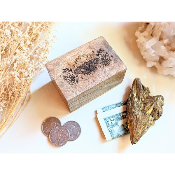 Small Mango Wood Altar Box with Moth and Moon Phases