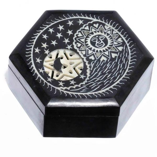 Black Soapstone Sun Moon Hexagonal Box